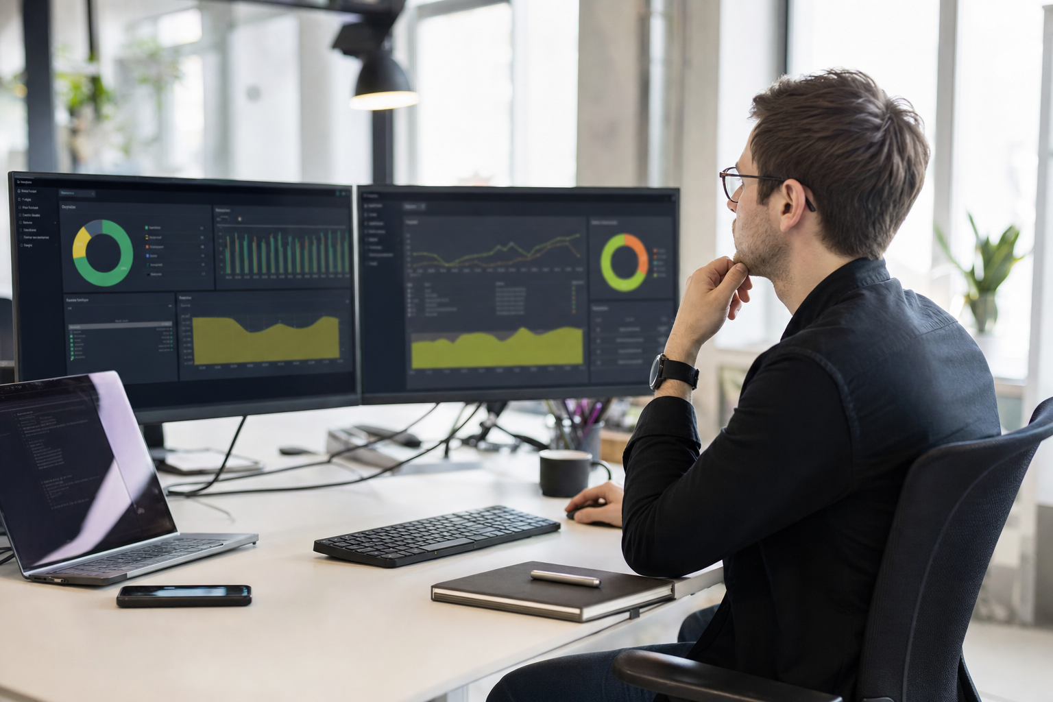 SEO manager reviewing website audit results on multiple office monitors