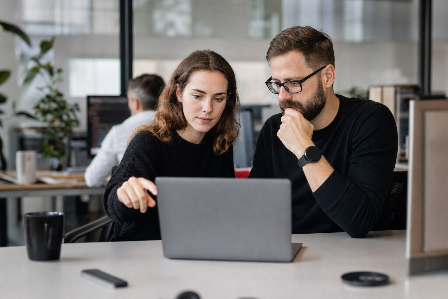 Technical SEO specialists testing automation rules together in an office