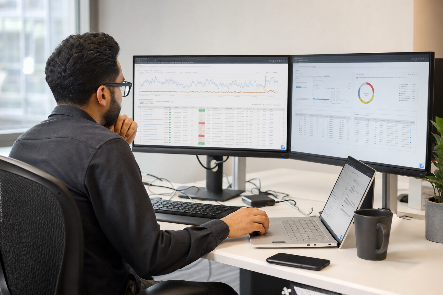 SEO engineer reviewing a large ecommerce website crawl on two office monitors