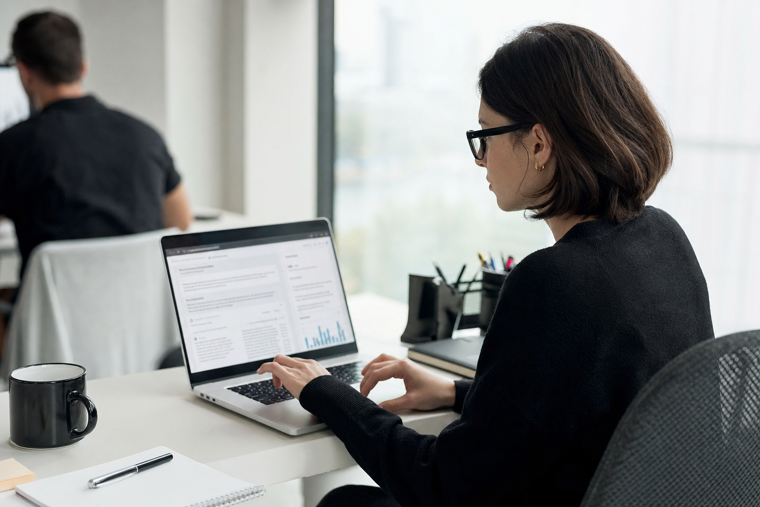 Content editor reviewing AI-generated search copy at a desk