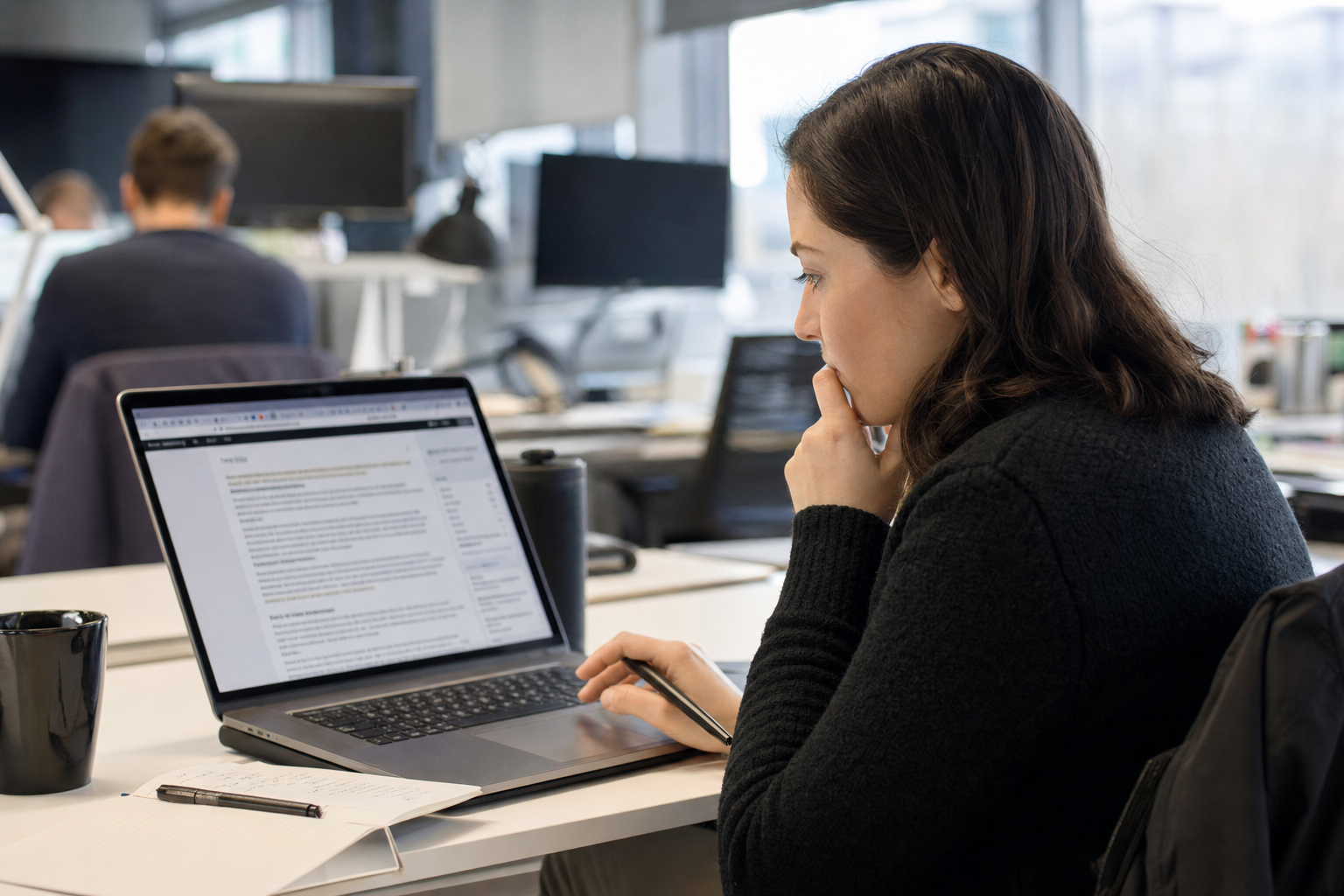 Content editor reviewing an AI-generated article on a laptop in a modern newsroom