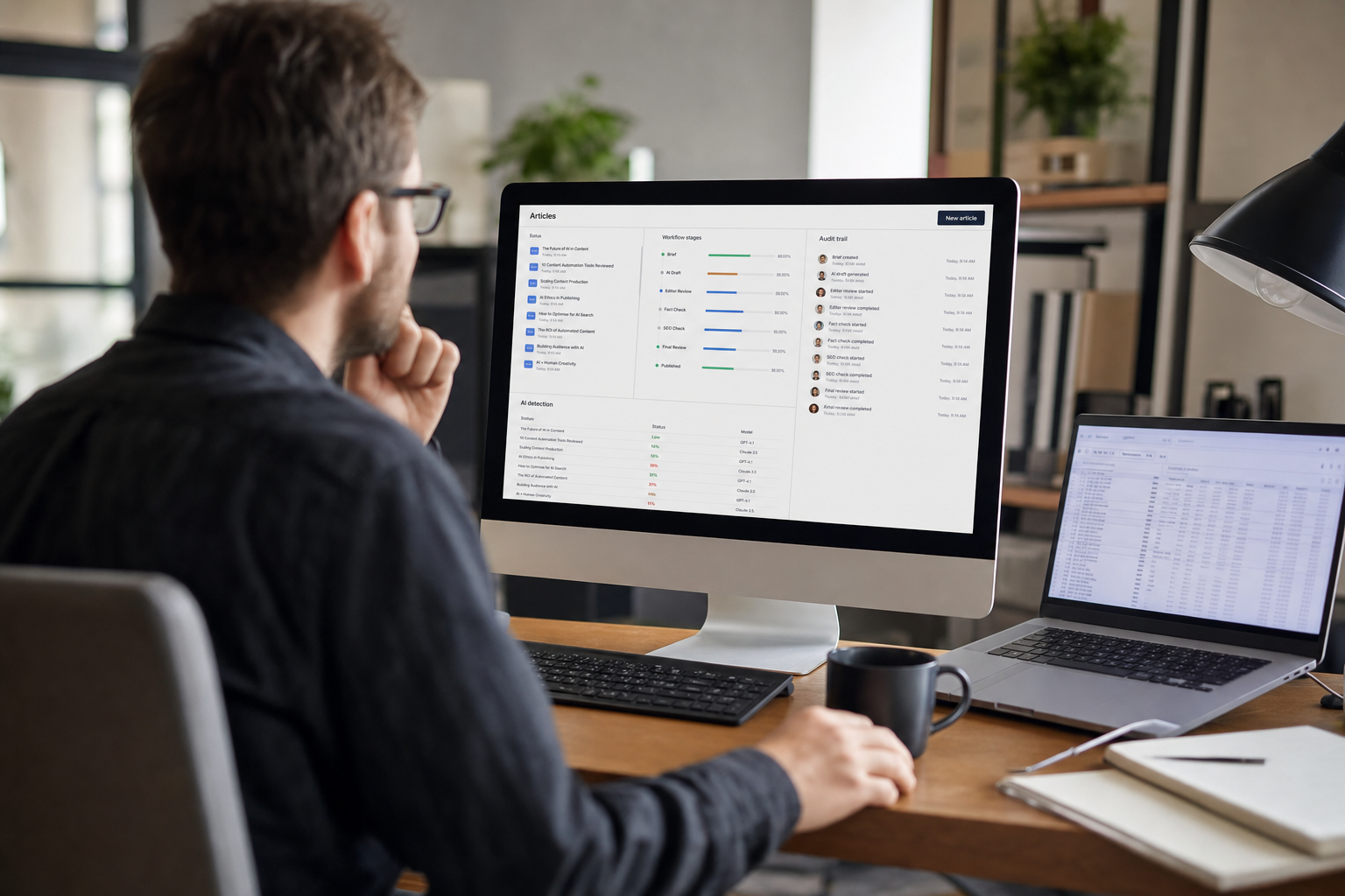 Content editor reviewing an automated article workflow on a desktop computer
