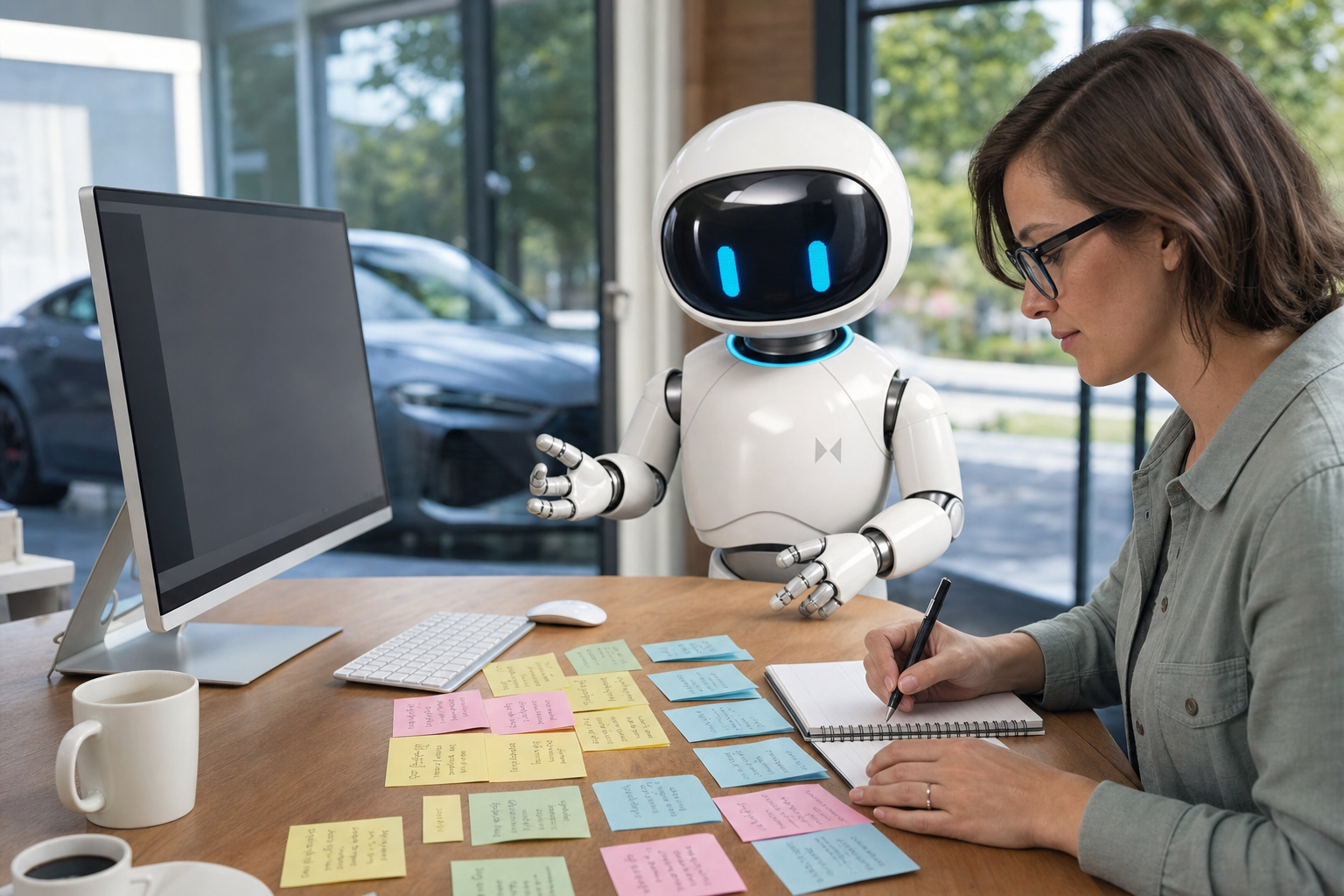 Content strategist organizing keyword notes beside a desktop computer