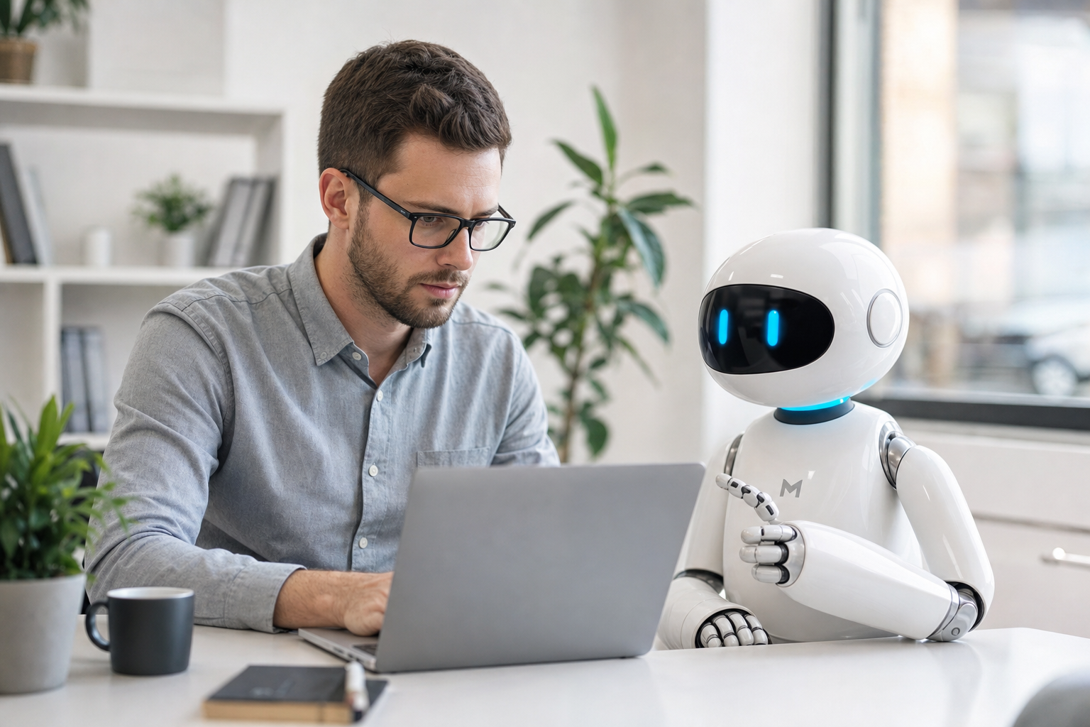 SEO specialist reviewing keyword data on a laptop in a modern office