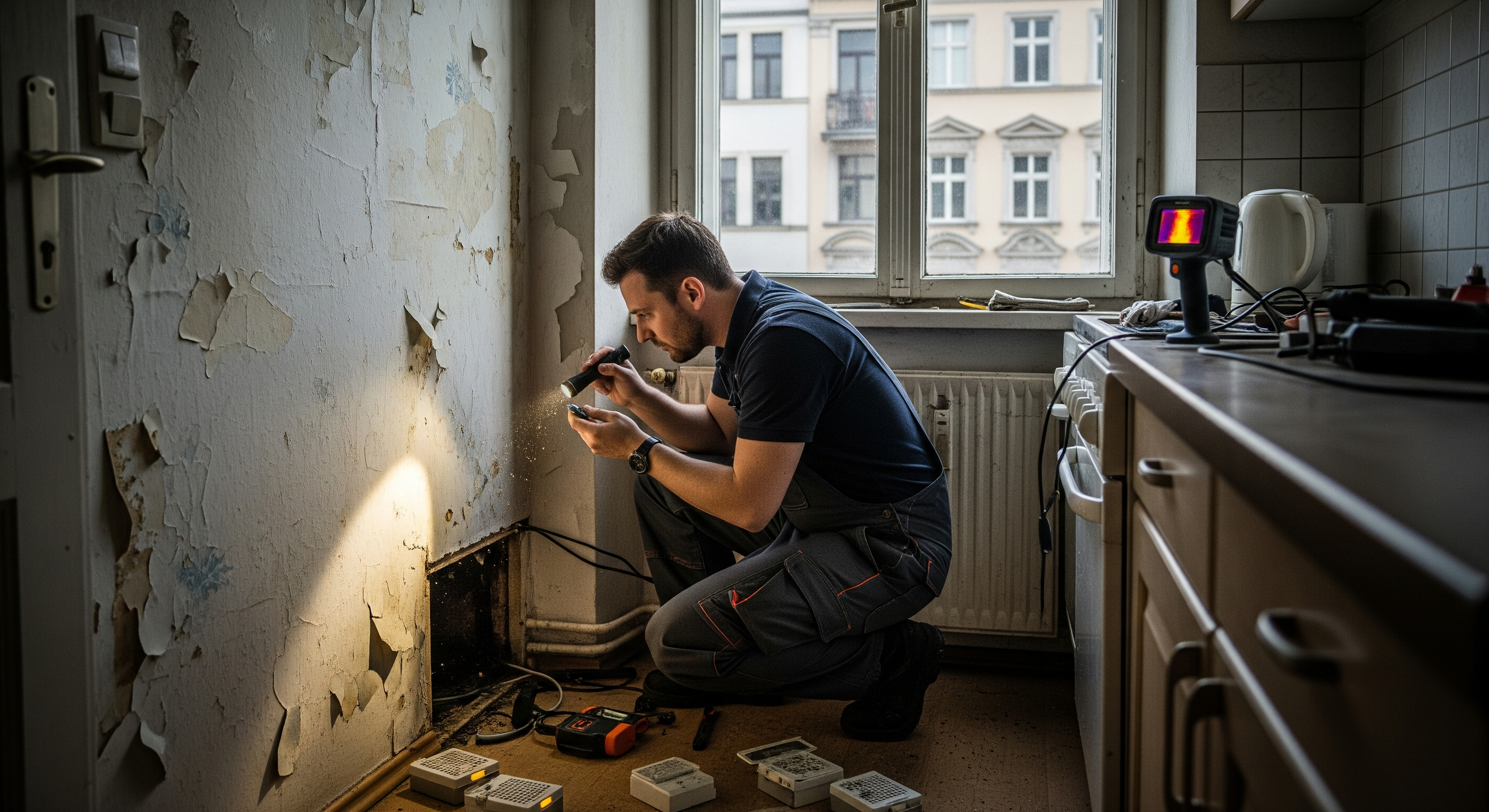 Kammerjäger bei der Analyse eines Schädlingsbefalls in einer Berliner Wohnung