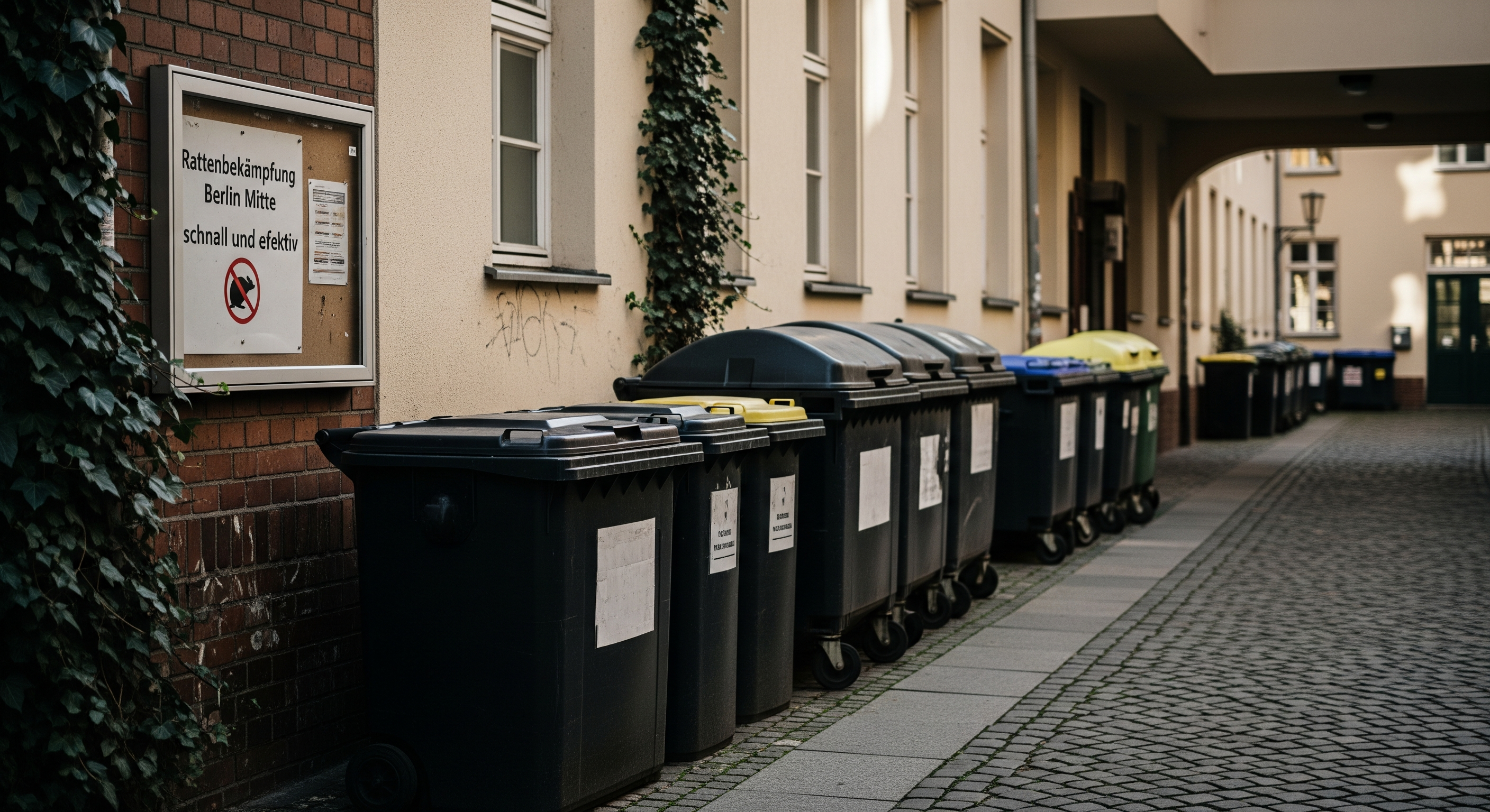 Sauberer Müllplatz mit verschlossenen Tonnen zur Vorbeugung gegen Rattenbefall
