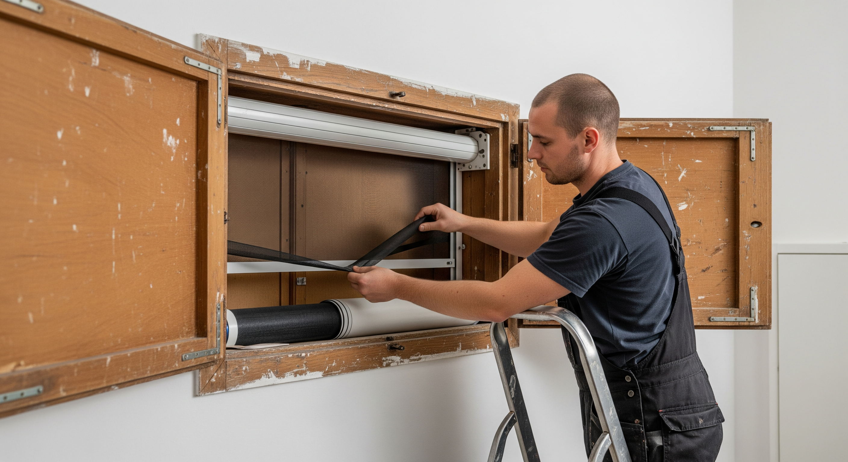 Handwerker installiert Fliegengitter am geöffneten Rollladenkasten eines Berliner Altbaus